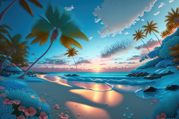 A painting of a beach with palm trees on it