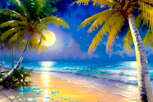 A painting of a beach with palm trees and the moon