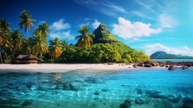 a painting of a beach with palm trees and a mountain in the background