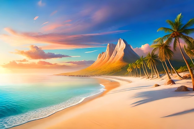 A painting of a beach with palm trees and mountains in the background.