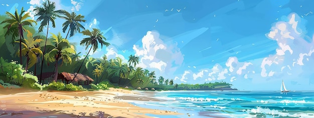 a painting of a beach with palm trees and the ocean in the background