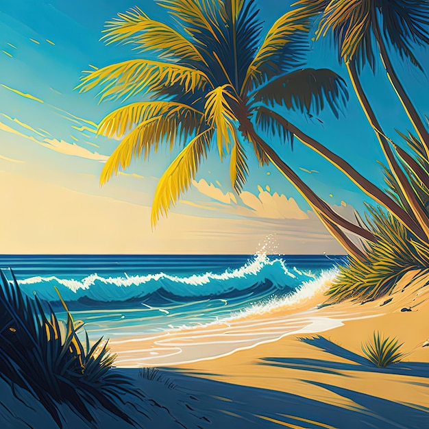 A painting of a beach with palm trees and the ocean.