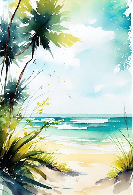 A painting of a beach with palm trees and the sky in the background.