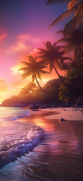 A painting of a beach with palm trees and the sky at sunset.