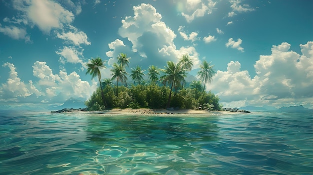 a painting of a beach with palm trees and a small island in the water