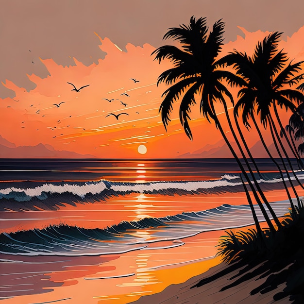 A painting of a beach with palm trees and a sunset.