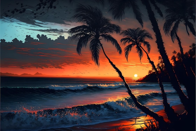 A painting of a beach with palm trees and the sunset