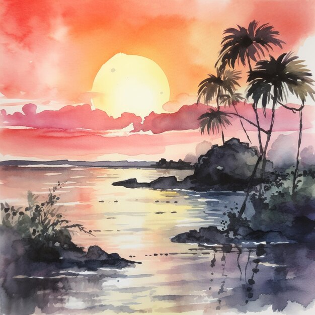 A painting of a beach with palm trees and a sunset.