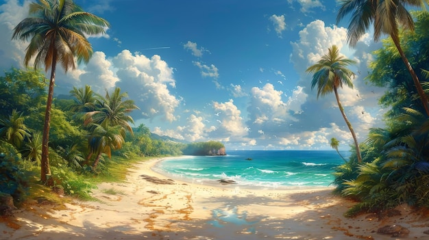 A Painting of a Beach With Palm Trees