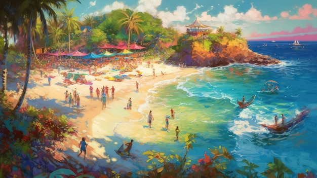 A painting of a beach with people on it