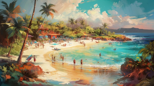 A painting of a beach with people swimming in the water.