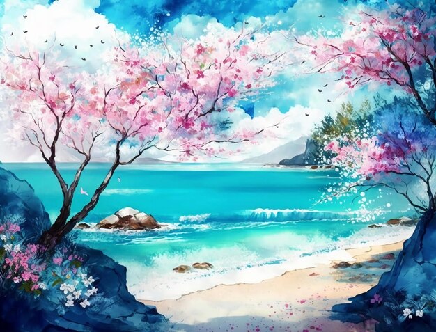 A painting of a beach with pink cherry blossoms.