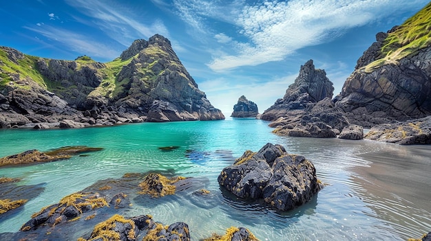 a painting of a beach with rocks and mountains in the background