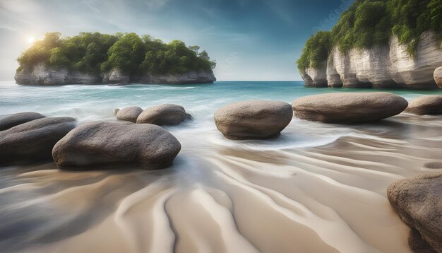 a painting of a beach with rocks and trees on the water