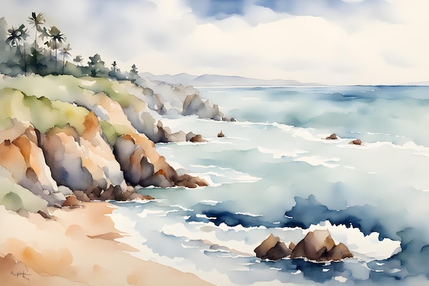 Photo a painting of a beach with a rocky shoreline and a body of water