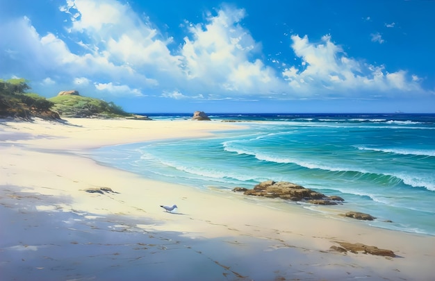 A painting of a beach with a seagull on it