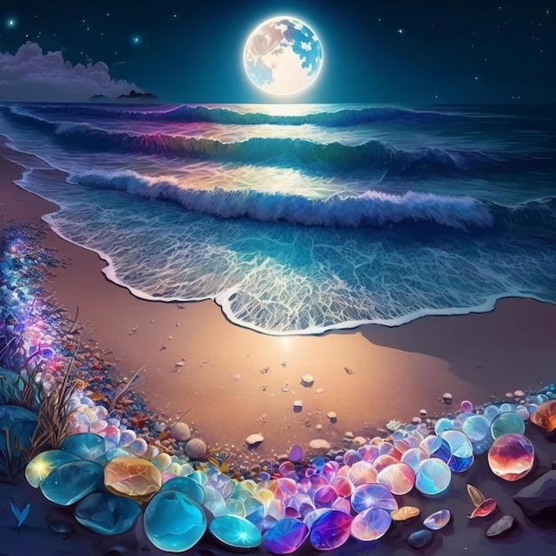 A painting of a beach with stones and the moon