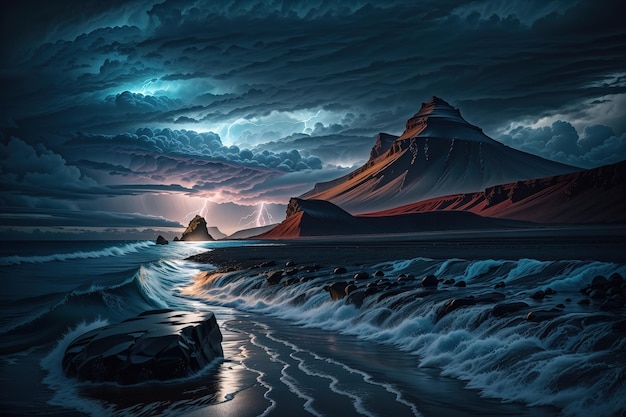 A painting of a beach with a stormy sky and a storm in the background.