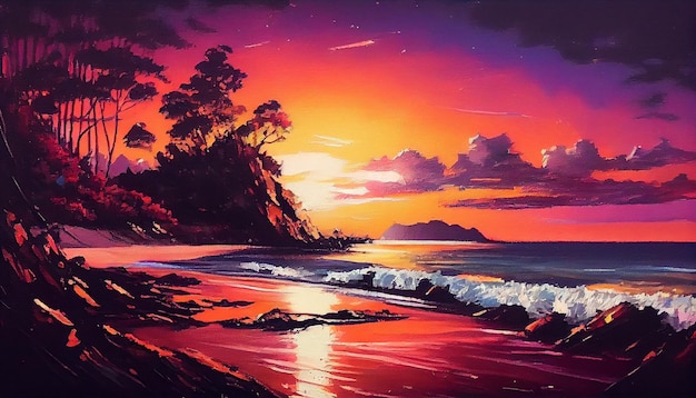 A painting of a beach with a sunset in the background.