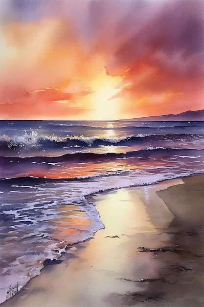 A painting of a beach with a sunset in the background