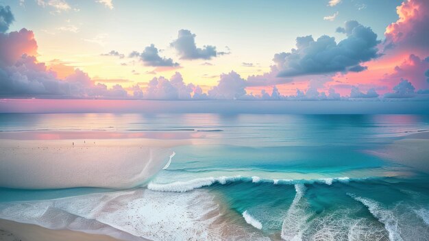 A painting of a beach with a sunset in the background.