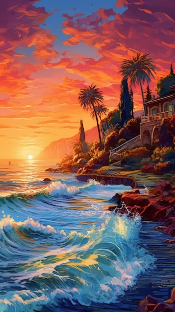 A painting of a beach with a sunset in the background.