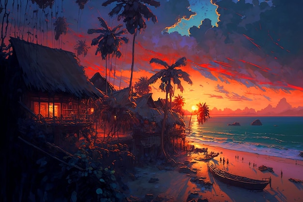 A painting of a beach with a sunset in the background.