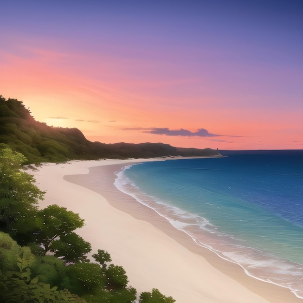 A painting of a beach with a sunset in the background.