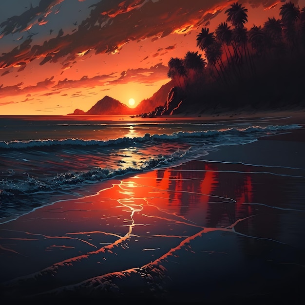 A painting of a beach with a sunset in the background.