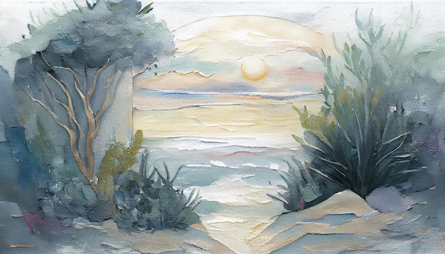 A painting of a beach with a sunset in the background.