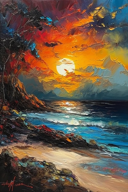 A painting of a beach with a sunset in the background.