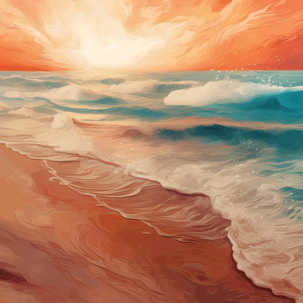 A painting of a beach with a sunset in the background.