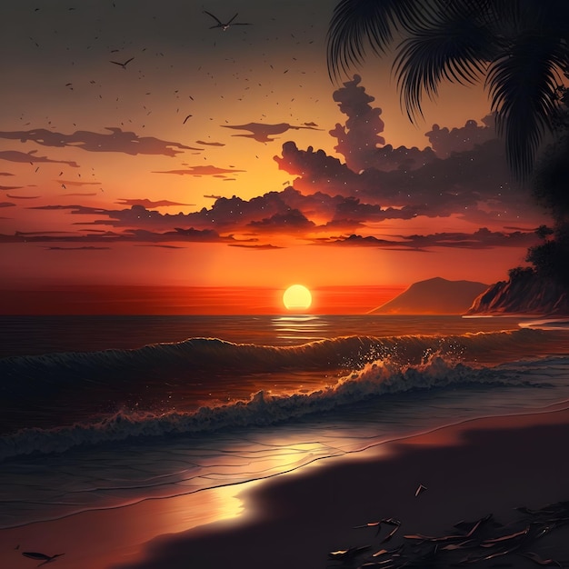 A painting of a beach with a sunset and palm trees in the background.