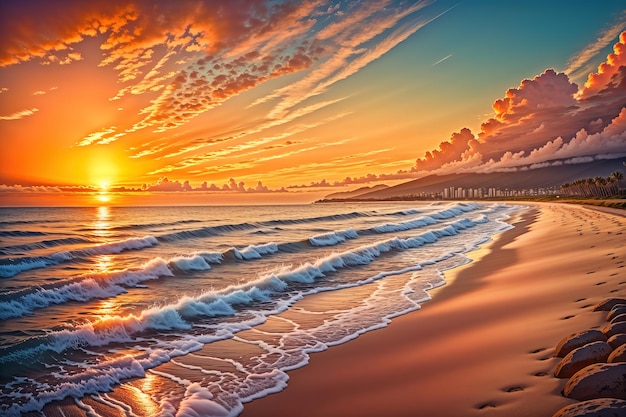 A painting of a beach with a sunset and palm trees