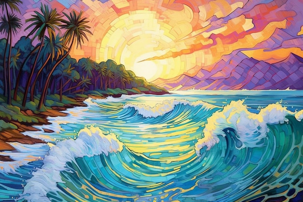 A painting of a beach with a sunset and palm trees.