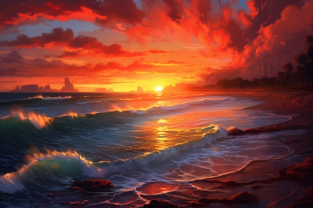 A painting of a beach with a sunset and the sun setting on the horizon.