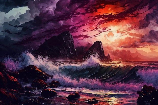 A painting of a beach with a sunset and the sun shining through the clouds.