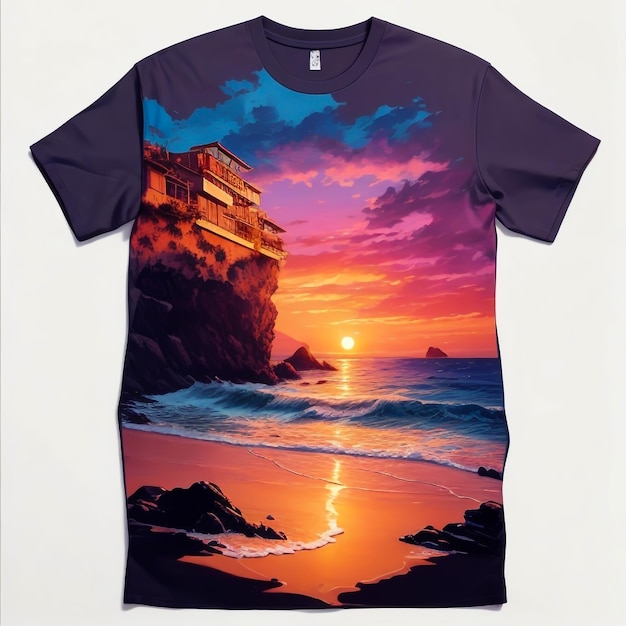 painting of a beach with a sunset view printed on a tshirt