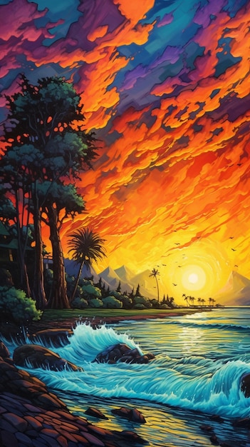 A painting of a beach with a sunset and a volcano in the background.