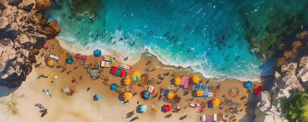 A painting of a beach with umbrellas and people swimming in the water.