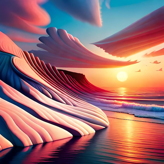 A painting of a beach with a wave and the sun setting.