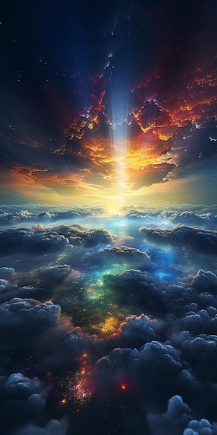 A painting of a beam of light above the clouds