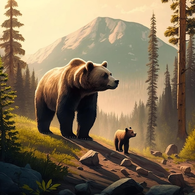 A painting of a bear and her cub