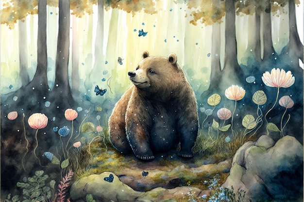 Painting of a bear sitting in the woods generative ai