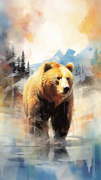 A painting of a bear walking across a lake Generative AI image