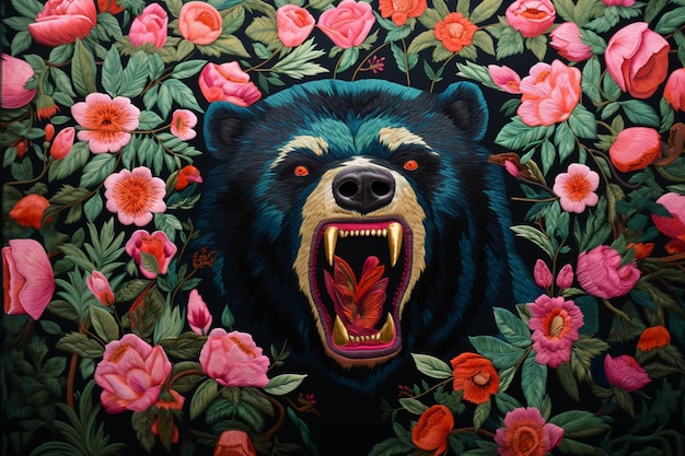 Painting of a bear with its mouth open in a field of flowers generative ai