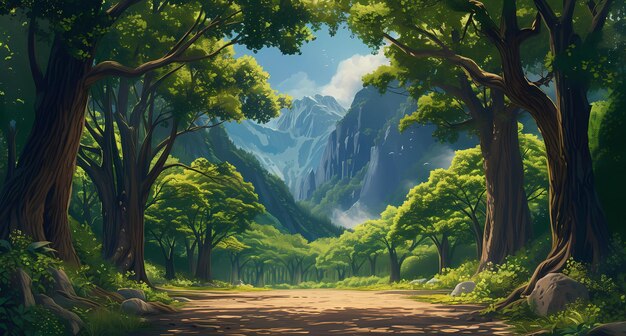 a painting of a beautiful forest