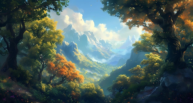 a painting of a beautiful forest