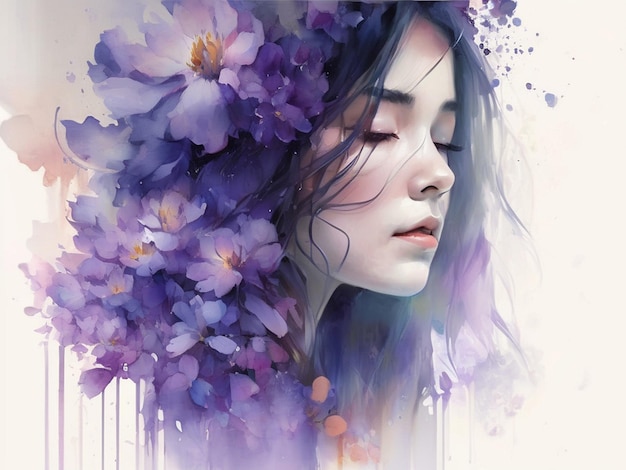 Painting of a beautiful girl with flowers