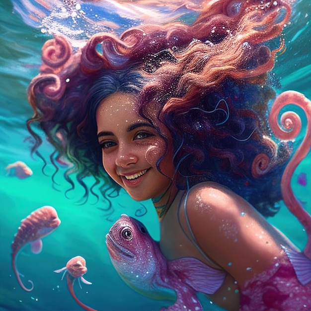 Painting of a beautiful mermaid in water with fish